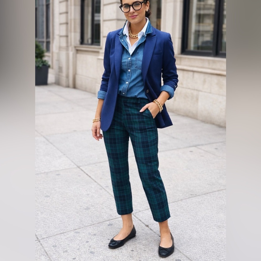 LOFT Marisa Plaid Pants 4P Petite Green Blue Tartan Ankle Career Preppy